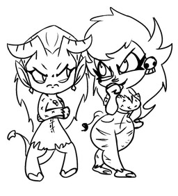 alternate_form angry big_breasts breasts chibi crossed_arms duo ear_piercing ear_ring eyelashes female fluffy fluffy_hair hair hand_on_hip hooves horn long_ears markings mole_(marking) piercing pose ring_piercing simple_background smug spade_tail tail tail_tuft thick_eyelashes thick_thighs tuft white_background kajabuubuu hellaverse helluva_boss martha_(helluva_boss) mrs._mayberry_(helluva_boss) demon humanoid hi_res line_art monochrome sketch