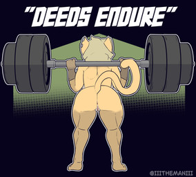 abstract_background anthro anus breasts butt clothing crouching ear_piercing exercise female fur genitals gloves hair handwear mostly_nude muscular muscular_female piercing rear_view solo tan_body tan_fur text vulva weightlifting workout the_man bridge_(the_man) felid feline mammal absurd_res english_text hi_res