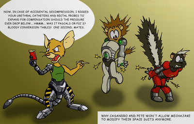 anthro black_boots black_clothing black_footwear boots clothing cybernetic_arm cybernetic_leg cybernetic_limb cybernetic_tail cybernetics footwear green_clothing green_shirt green_tank_top green_topwear group machine male malfunction shirt shoes simple_background spacesuit speech_bubble tan_background tank_top text topwear trio toonbat casandro jake_(casandro) pete_(skunk) cyborg dipodomyine felid heteromyid kangaroo_rat lion mammal mephitid pantherine rodent skunk english_text