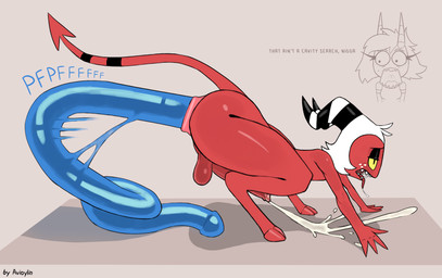 all_fours anal anal_penetration anthro balls bodily_fluids cloven_hooves cum digitigrade dildo excessive_cum excessive_genital_fluids freckled_face freckles genital_fluids genitals hooves horn huge_dildo long_dildo long_penis male male_focus penetration penis pushing_toy_out red_body saliva sex_toy simple_background solo solo_focus text thick_thighs white_freckles avioylin hellaverse helluva_boss millie_(helluva_boss) moxxie_(helluva_boss) demon imp english_text hi_res