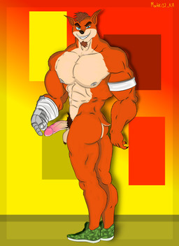 abs anthro aroused ball_tuft balls beard bedroom_eyes big_butt big_penis body_hair brown_hair butt butt_focus claws clothing cybernetic_arm cybernetic_hand cybernetic_limb cybernetics ears_down facial_hair footwear footwear_only fur genitals glans gradient_background grin hair humanoid_genitalia humanoid_penis illuminated long_penis machine macho male mostly_nude muscular muscular_anthro muscular_male narrowed_eyes nipples penis pivoted_ears pointy_ears pose prototype pubes red_body red_fur seductive shoes shoes_only simple_background smile solo sport teeth tennis thick_penis tuft vein veiny_penis virility virilization machki12_ka activision crash_bandicoot_(series) crunch_bandicoot bandicoot mammal marsupial absurd_res hi_res pinup