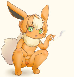 anthro anthrofied blush cigarette crouching female flat_chested full_cleft fur genitals green_eyes holding_cigarette holding_object innie_vulva kemono looking_at_viewer nude open_mouth orange_body orange_fur pokemorph simple_background smoke smoking solo vulva white_background young young_anthro young_female canopus335 nintendo pokemon eeveelution flareon generation_1_pokemon pokemon_(species)