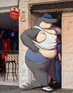 anthro big_breasts biped bottomwear breasts clothed clothing denim denim_bottomwear denim_clothing denim_shorts detailed_background duo female footwear grey_body hat headgear headwear huge_breasts human_on_anthro interspecies larger_female male male/female multicolored_body nipple_outline non-mammal_breasts outside overweight overweight_anthro overweight_female scar shoes shorts size_difference smaller_male thick_thighs topwear doctordj a_chance_encounter amelia_(doctordj) alligator alligatorid crocodilian human mammal reptile scalie hi_res meme