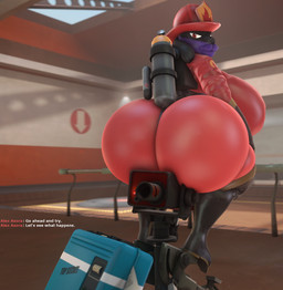 anthro armor big_breasts big_butt breasts briefcase butt clothing dialogue female firefighter_helmet fuel_tank fur gloves handwear headgear helmet huge_breasts huge_butt hyper hyper_breasts hyper_butt latex latex_clothing lips looking_at_viewer looking_back purple_body purple_fur red_eyes sitting sitting_on_another solo teasing text thick_lips thick_thighs wide_hips bimbomorph_(artist) nintendo pokemon team_fortress_2 valve alex_asora sentry_gun_(team_fortress_2) canid canine generation_4_pokemon lucario mammal pokemon_(species) hi_res