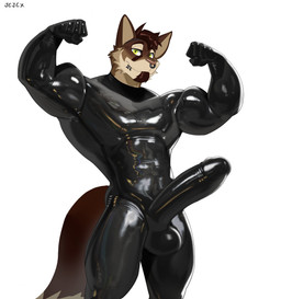 anthro biceps big_penis black_bodysuit black_clothing black_latex black_skinsuit bodysuit brown_body brown_fur brown_hair clothing erection facial_piercing flexing flexing_bicep fluffy fluffy_tail fur genitals hair huge_penis humanoid_genitalia humanoid_penis latex latex_bodysuit latex_clothing latex_skinsuit looking_at_viewer male muscular muscular_anthro muscular_male nose_piercing nose_ring penis piercing ring_piercing septum_piercing septum_ring simple_background skinsuit solo tail tight_clothing white_background yellow_eyes cxcxxcxxxx dimitri_(nomsi) canid canine canis felid feline hybrid lynx mammal wolf 2026 absurd_res hi_res