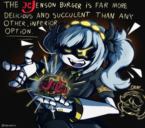 accessory armband black_background black_body bow_ribbon brand_name branding_(commerce) burger clothing cute_fangs dialogue disappointed earless ellipsis emphasis_lines exhausted fangs female food glowing grey_hair hair half-closed_eyes hazard_stripes headband holding_burger holding_food holding_object holding_plate machine narrowed_eyes necktie noseless office_lady one_eye_closed open_mouth pigtails plate red_text screen screen_face sharp_teeth short_hair simple_background solo suit suit_jacket teeth text twintails_(hairstyle) unimpressed unusual_anatomy white_body yellow_armband yellow_eyes yellow_text diddlydooter1 glitch_productions murder_drones background_character j_(murder_drones) v_(murder_drones) disassembly_drone humanoid robot robot_humanoid artist_name digital_drawing_(artwork) digital_media_(artwork) hi_res signature