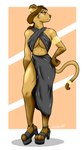 anthro bracelet breasts clothing dress fashion female footwear high_heels jewelry midriff navel shoes side_slit_clothing side_slit_dress solo under_boob devanstar felid lion mammal pantherine 4k 9:16 absurd_res hi_res