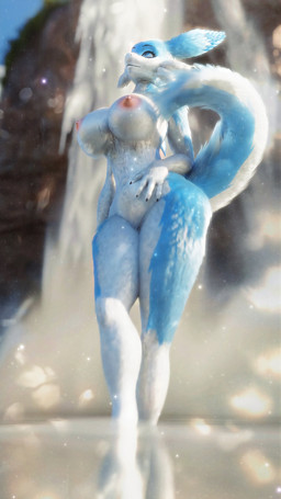 4_fingers anthro anthrofied areola barely_visible_genitalia barely_visible_vulva big_breasts blue_body blue_eyes blue_fur blue_sky blurred_background breasts claws day female fingers fluffy fluffy_tail fur genitals glistening looking_up nipples outside palmorph partially_submerged particles pink_areola pink_nipples raised_tail realistic_fur reflection sky solo standing tail thick_thighs vulva water water_reflection waterfall white_body white_fur wide_hips mrs_dexie furromantic_(modeler) palworld pocketpair chillet_(furromantic) chillet pal_(species) 2026 3d_(artwork) 9:16 absurd_res digital_media_(artwork) hi_res