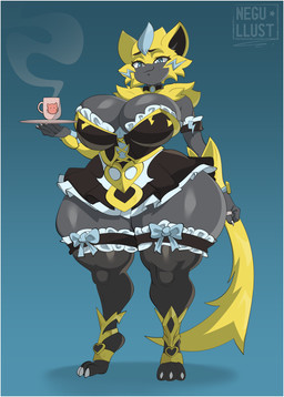 anthro beverage big_breasts biped border breasts clothed clothing container cup eyelashes female glistening glistening_body huge_breasts huge_hips maid_uniform pokemorph pupils shadow simple_background smile solo tail text thick_thighs uniform white_border wide_hips negullust nintendo pokemon generation_7_pokemon legendary_pokemon pokemon_(species) zeraora hi_res