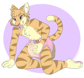 5_fingers ageplay anthro barefoot biped bodily_fluids chest_tuft clothing diaper digitigrade erection erection_in_diaper eyebrows feces feet fingers front_view fur genital_fluids hair humanoid_hands infantilism kneeling male object_in_mouth pacifier pacifier_in_mouth pawpads roleplay scatplay simple_background soiled_diaper soiling solo striped_body striped_fur stripes tenting tuft unclean_diaper urine used_diaper watersports wet_diaper wetting speedhumps domestic_cat felid feline felis mammal