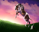 ambiguous_gender black_mane brown_body brown_eyes cloud feral grass mane outside plant side_view solo star striped_back striped_legs tail tail_tuft tuft white_body white_mane scarlanya equid equine mammal signature