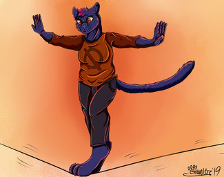 anthro arms_out balancing barefoot bottomwear clothed clothing feet female fur mouth_closed pants paws shirt smile solo tail topwear whiskers wide_eyed wire marcushunter night_in_the_woods mae_borowski domestic_cat felid feline felis mammal 2019 signature