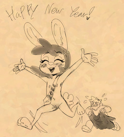 3_toes 5_fingers accessory anthro beard blush clothed clothed_human clothed_male clothing duo eyelashes eyes_closed facial_hair feet female female_anthro fingers flat_chested genitals hair_accessory hairclip happy holidays male male_human motion_lines navel nipples nude nude_anthro nude_female pawpads running scut_tail short_tail solo_focus streaking tail text toes vulva young young_anthro young_female soulcentinel angel_hare new_year new_year_2026 the_east_patch fan_character jonah_whitman joy_rabbit human lagomorph leporid mammal rabbit 2026 digital_drawing_(artwork) digital_media_(artwork) english_text monochrome sepia sketch