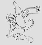 anthro boots bulge butt cigar clothing cowboy_hat eyebrows footwear grin gun handgun hat headgear headwear male pistol ranged_weapon shoes smile smoking solo spread_legs spreading thick_eyebrows weapon infernaltanuki kings_of_hell gremile_'hotshot' demon imp hi_res monochrome sketch