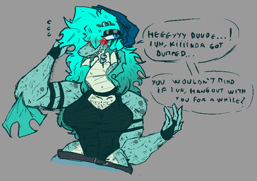 abs anthro beanie belt big_breasts bottomwear breasts clothing denim denim_bottomwear denim_clothing dialogue eyebrow_piercing facial_piercing female green_hair hair hat headgear headwear jeans leotard long_hair long_neck muscular muscular_anthro muscular_female pants piercing smile solo speech_bubble text mik3hawk ness_(mik3hawk) aquatic plesiosaur prehistoric_species reptile scalie english_text