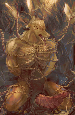 anthro arms_tied bodily_fluids bound cave claws cum cum_drip cum_pool dripping ejaculation fur genital_fluids genitals horn legs_tied male muscular penis saliva solo tail teeth toe_claws tongue tongue_out artjackal elden_ring_nightreign fromsoftware mythology executor_(nightreign) animal_humanoid furred_scalie humanoid lizard_humanoid mythological_creature mythological_scalie primordial_beast reptile reptile_humanoid scalie scalie_humanoid absurd_res hi_res