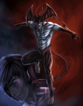 abs biceps claws duo fur grin head_wings horn looking_at_viewer male membrane_(anatomy) membranous_wings muscular navel nude pecs smile solo_focus square_crossover tail teeth unusual_wing_placement wings yellow_eyes victor_bartlett devilman_(series) akira_fudo_(devilman) devilman_(character) demon human humanoid mammal winged_humanoid