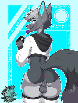 anthro anus balls blue_eyes candy cybernetics dessert food fox_tail fur genitals grey_body grey_fur machine male solo white_body white_fur vivante specter_(dragonplayer) arctic_fox canid canine fox mammal true_fox 3:4 absurd_res hi_res