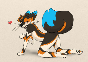 all_fours anthro blush flirting fur giggling heart_symbol looking_at_viewer male orange_body pawpads paws presenting raised_paw raised_tail simple_background smile solo tail tan_body tan_fur teasing whiskers raposanaranja rreze_(character) canid canine fox mammal pampas_fox south_american_fox absurd_res hi_res