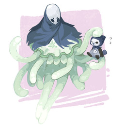 ambiguous_gender black_eyes clothing duo empty_eyes hood mask mouth_closed one_eye_closed sitting aaasakawa hollow_knight_(franchise) nintendo pokemon team_cherry monomon_the_teacher_(hollow_knight) quirrel_(hollow_knight) aquatic cnidarian generation_5_pokemon generation_7_pokemon jellyfish mammal medusozoan mustelid nihilego oshawott otter pokemon_(species) ultra_beast 2026 crossover hi_res