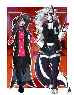alternative_fashion anthro beanie cellphone clothing duo electronics female goth hat headgear headwear jacket letterman_jacket phone school school_hallway smartphone student text topwear n.c._mentis hazbin_hotel hellaverse helluva_boss mythology loona_(helluva_boss) octavia_(helluva_boss) avian bird canid canid_demon canine demon hellhound humanoid mammal mythological_canine mythological_creature owl absurd_res digital_media_(artwork) english_text hi_res