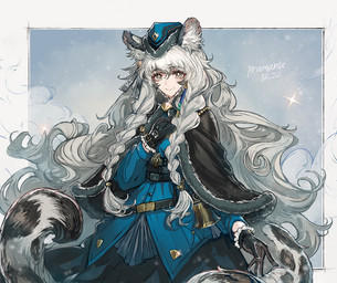 bell belt black_clothing black_gloves black_handwear blue_clothing braided_hair clothing female gloves grey_hair hair handwear hat headgear headwear long_hair looking_at_viewer simple_background smile snow solo tail ryuuzaki_ichi arknights hypergryph studio_montagne pramanix_(arknights) animal_humanoid felid felid_humanoid humanoid mammal mammal_humanoid pantherine pantherine_humanoid snow_leopard_humanoid 2024