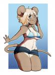 anthro biped blonde_hair bottomwear bra breasts brown_body brown_fur buckteeth claws cleavage clothed clothing eyewear female fur grey_eyes hair looking_at_viewer pink_nose short_hair shorts side_boob skimpy smile solo standing teeth under_boob underwear white_body white_fur wide_hips redrabbu mammal mouse murid murine rodent 2015 hi_res