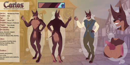 4_toes 5_fingers abs animal_genitalia animal_penis anthro athletic athletic_anthro athletic_male balls barbell_piercing belt belt_buckle blue_eyes bottomwear brown_body brown_fur brown_nose buckle canine_genitalia canine_penis claws close-up clothing color_swatch cropped_ears digitigrade erection eyebrows facial_piercing fangs feet fingers front_view fur genital_piercing genitals jewelry knot knotted_penis looking_at_viewer male merchant multicolored_body multicolored_fur muscular muscular_anthro muscular_male navel navel_piercing necklace nipples nose_piercing nose_ring nude pecs penis piercing ring ring_piercing septum_piercing sheath shirt short_tail smile smiling_at_viewer solo stated_age stated_bisexuality stated_gender stated_height stated_sexuality tail teeth text toes topwear two_tone_body two_tone_fur apoxalypsisart carlos_(skoll666) canid canine canis dobermann domestic_dog mammal pinscher 2025 english_text flat_colors hi_res model_sheet portrait