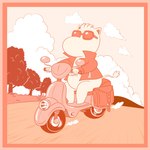 1:1 2018 anthro border clothing cloud day detailed_background driving eyewear hi_res jacket leather leather_clothing leather_jacket leather_topwear lonbluewolf lonbluewolf_(character) male monochrome moomin motor_scooter orange_border outside plant road sitting sky skyscape snork_(moomin) solo sunglasses the_moomins topwear tree