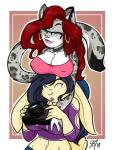 anthro big_breasts black_hair blush boob_hat breasts cleavage clothed clothing duo ear_piercing facial_piercing female female/female hair heterochromia lip_piercing midriff navel nipple_outline piercing red_hair j3t felid lagomorph leporid mammal pantherine rabbit snow_leopard 2018