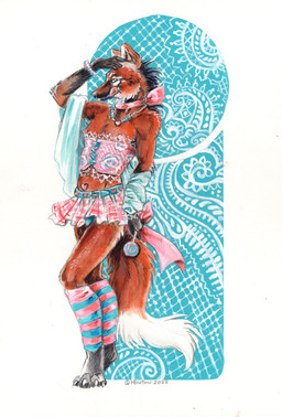 accessory alternative_fashion anthro black_body black_fur black_hair blue_eyes bottomwear bow_ribbon bracelet candy claws clothing corset dessert femboy food fur furgonomics hair heart_symbol holding_candy holding_food holding_lollipop holding_object jewelry leg_warmers legwear lingerie lollipop looking_at_viewer male miniskirt neck_bow necklace nipples red_body red_fur ribbons skirt solo tail tail_accessory tail_bow tail_ribbon topwear white_body white_fur heather_bruton canid canine mammal maned_wolf 2022