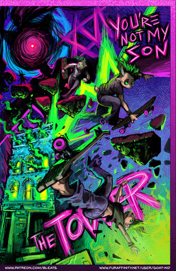 alternative_fashion ambiguous_gender anthro antlers bottomwear card clothing denim denim_bottomwear denim_clothing dialogue duo fur glowing glowing_eyes green_hair hair hooves horn jeans major_arcana obscured_face pants psychedelic punk shirt solo_focus t-shirt tan_body tan_fur tarot tarot_card text the_tower_(tarot) topwear wide_eyed bleats tusk's_mom_(bleats) tusk_(bleats) deer mammal water_deer 2025 comic english_text hi_res url