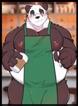 anthro apron belly big_belly black_body black_nose blush bulge clothing humanoid_hands male moobs nipples overweight overweight_male scar solo white_body seintaur bear giant_panda mammal 2022 hi_res