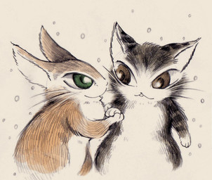 :3 big_eyes biped brown_body brown_eyes brown_fur countershading duo feral front_view fur green_eyes hand_holding semi-anthro side_view simple_background snow snowing striped_body striped_fur stripes whiskers ichthy0stega wachifield domestic_cat felid feline felis mammal 2015 japanese_description portrait three-quarter_portrait