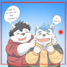 anthro black_hair black_nose blue_background blue_hair chibi clothing cute_fangs duo eyes_closed fangs fur hair hoodie humanoid_hands inner_ear_fluff kemono male overweight overweight_anthro overweight_male short_hair simple_background teeth text topwear tuft white_body white_fur noichi_53 canid canine mammal 1:1 2020 english_text