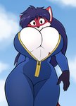 anthro big_breasts blue_hair bodysuit breasts cleavage clothed clothing curvy_anthro curvy_female curvy_figure female fur hair hourglass_figure hourglass_figured_anthro hourglass_figured_female huge_breasts looking_at_viewer low-angle_view red_body red_fur skinsuit solo tight_clothing under_boob unzipped_bodysuit vault_suit white_body white_fur wide_hipped_anthro wide_hipped_female wide_hips hexteknik fallout microsoft rexi_awoosuko_(devildjmachine) canid canine fox mammal hi_res