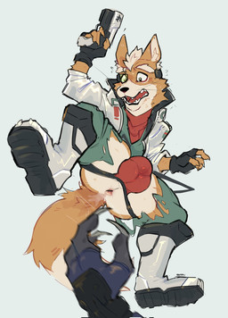 ambiguous_gender anthro anus balls_outline big_bulge black_lips boots bottomwear bulge clawing claws clothed clothing detailed_bulge disembodied_hand duo fingerless_gloves fluffy fluffy_tail footwear fur genital_outline gloves grey_body grey_fur gun handgun handwear holding_gun holding_handgun holding_object holding_pistol holding_ranged_weapon holding_weapon jacket jockstrap lips male male_focus orange_body orange_fur pants partially_clothed pistol ranged_weapon scouter sharp_teeth shoes solo_focus tail teeth topwear torn_bottomwear torn_clothing torn_pants underwear weapon whiskers ravan nintendo star_fox fox_mccloud wolf_o'donnell canid canine canis fox mammal wolf hi_res