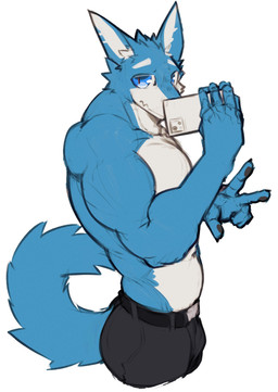 anthro biceps blue_body blue_eyes blue_fur bottomwear cellphone clothing electronics fur hair looking_at_viewer male multicolored_body multicolored_fur muscular muscular_male pants pecs phone pose shirtless_male simple_background smartphone solo standing two_tone_body two_tone_fur white_background asleepchef yakumo_(asleepchef) canid canine canis domestic_dog hybrid mammal wolf absurd_res hi_res