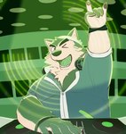 anthro disc_jockey electronics eyebrows fur green_body green_fur headphones headphones_around_neck kerchief male one_eye_closed overweight solo thick_eyebrows turntable_(decks) wink wristband scareia lifewonders live_a_hero mokdai canid canine canis domestic_dog mammal hi_res