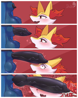 animal_genitalia animal_penis anthro ball_clench balls becoming_erect big_balls big_penis black_penis bodily_fluids canine_genitalia canine_penis duo erection excessive_genital_fluids female genital_fluids genitals huge_penis knot knot_root male male/female musk penis penis_on_face sheath text throbbing throbbing_balls throbbing_penis vein veiny_penis dukeofbananas nintendo pokemon braixen generation_4_pokemon generation_6_pokemon lucario pokemon_(species) 4:5 absurd_res comic hi_res