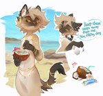 anthro beach beverage candy chocolate chocolate_bar coconut coconut_drink confectionery day dessert detailed_background dialogue drinking_straw drupe_(fruit) ear_piercing ear_ring fangs female food fruit fur gloves_(marking) holding_beverage holding_object inner_ear_fluff jewelry markings orange_eyes piercing pink_nose plant ring_piercing sand sea sky solo speech_bubble tan_body tan_fur teeth text tuft water whiskers white_body white_fur reysi monica_(reysi) domestic_cat felid feline felis mammal siamese 2024 digital_media_(artwork) english_text signature