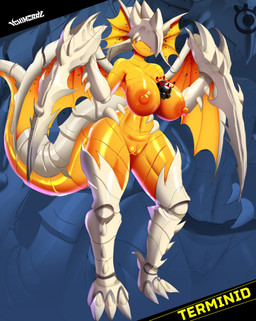 anthro big_breasts breasts claws eyeless female genitals glistening glistening_body glistening_breasts glistening_genitalia glistening_vulva huge_breasts orange_body queen royalty smug smug_face solo thick_thighs vulva ichimoral helldivers arthropod terminid absurd_res hi_res