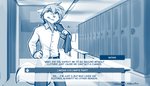 2021 7:4 adobe_photoshop_(artwork) anthro blue_and_white blush canid canine canis clothed clothing conditional_dnp dating_sim dialogue digital_media_(artwork) english_text hair hand_on_hip hi_res inside keidran locker locker_room looking_up male mammal monochrome natani ponytail sketch solo text tom_fischbach trans_(lore) trans_man_(lore) twokinds wolf
