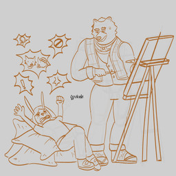 angry anthro bodily_fluids bottomwear brush canvas clothed clothing duo female footwear fur hair hat headgear headwear jacket jewelry lying necklace paint_palette paintbrush pants pillow shirt shoes sweat topwear vest apolaskiart don't_eat_the_neighbours bear_(don't_eat_the_neighbours) lucy_(don't_eat_the_neighbours) bear lagomorph leporid mammal rabbit 1:1 2026 absurd_res digital_media_(artwork) hi_res