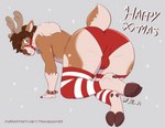 anthro antlers balls bell brown_nose butt christmas_clothing clothing femboy fur genitals hair harness holidays horn jingle_bell legwear looking_at_viewer male panties presenting presenting_hindquarters simple_background smile snow solo stockings text underwear travis_mayer christmas travis_mayer_(character) cervine deer mammal new_world_deer reindeer absurd_res english_text hi_res url