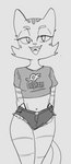 alternate_costume anthro big_eyes biped bottomwear breasts breasts_apart cheek_tuft clothed clothed_anthro clothed_female clothing crop_top daisy_dukes denim denim_bottomwear denim_clothing denim_shorts eyebrows eyelashes facial_markings facial_tuft fangs female female_anthro front_view fully_clothed fully_clothed_anthro fully_clothed_female fur fur_tuft grey_text half-closed_eyes hands_behind_back head_markings hotpants humor iris legs_together logo looking_at_viewer markings mature_anthro mature_female midriff narrowed_eyes navel no_pupils open_mouth open_smile pointy_ears prick_ears print_clothing print_crop_top print_shirt print_topwear pun shirt shorts small_breasts small_nose smile smiling_at_viewer solo standing straight_legs striped_arms striped_body striped_face striped_fur striped_legs striped_thighs stripes tail teeth text text_on_clothing text_on_crop_top text_on_shirt text_on_topwear thick_thighs thong tongue topwear tuft underwear wide_hips dbaru litterbox_comics onlyfans fran_(litterbox_comics) domestic_cat felid feline felis mammal tabby_cat 2023 digital_drawing_(artwork) digital_media_(artwork) english_text greyscale hi_res monochrome portrait sketch three-quarter_portrait