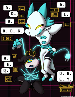 abstract_background ambiguous_gender bdsm bondage bound duo female floating_hands floating_torso hypnosis hypnotic_eyes kneeling machine mind_control text whip nx-42 bandai_namco deltarune digimon undertale_(series) darkmon_(immelmann) tasque_manager darkner digimon_(species) felid feline mammal robot veemon 2021 absurd_res english_text hi_res
