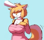 =_= anthro bare_shoulders big_breasts breasts clothed clothing collar daww eyes_closed female fur headpat humanoid_hands multicolored_body multicolored_fur petting pink_clothing pink_shirt pink_topwear shirt solo tail tail_motion tailwag tongue tongue_out topwear two_tone_body two_tone_fur two_tone_tail white_body white_fur yellow_body yellow_fur starfighter anon butterscotch_(peargor) canid canine canis domestic_dog mammal shiba_inu spitz