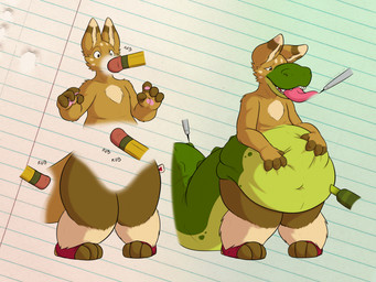 anthro belly belly_expansion drawing_(action) drawing_in_a_drawing drawn_over eraser expansion forced growth hand_on_belly marker mid_transformation paper partial_transformation pen_(object) pencil_(object) plushie snout snout_growth solo species_transformation tail tail_growth three_frame_sequence tongue tongue_out transformation transformation_sequence weight_gain reeseikena_(artist) reeseikena_(character) alligator alligatorid crocodilian kangaroo macropod mammal marsupial reptile scalie hi_res