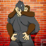 5_fingers anthro biped black_body black_fur brick_wall brown_body brown_fur butt butt_grab butt_squish duo eyes_closed feet fingers foot_on_butt fur hand_on_butt kiss_on_lips kissing male male/male nude_anthro nude_male squish wall_(structure) fabfelipe ape gorilla haplorhine mammal monkey primate 1:1 2018 digital_media_(artwork) hi_res
